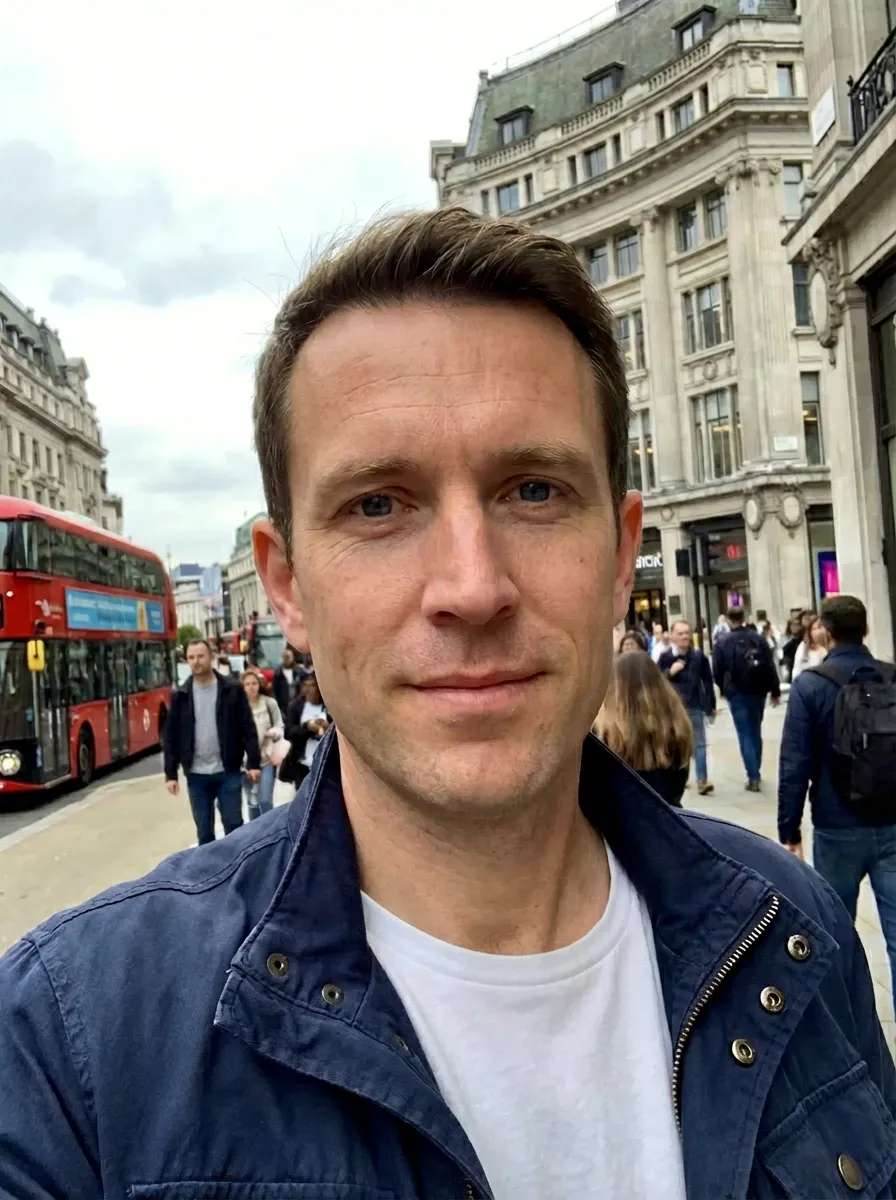 Original selfie input — man in a navy jacket and white T-shirt on the street